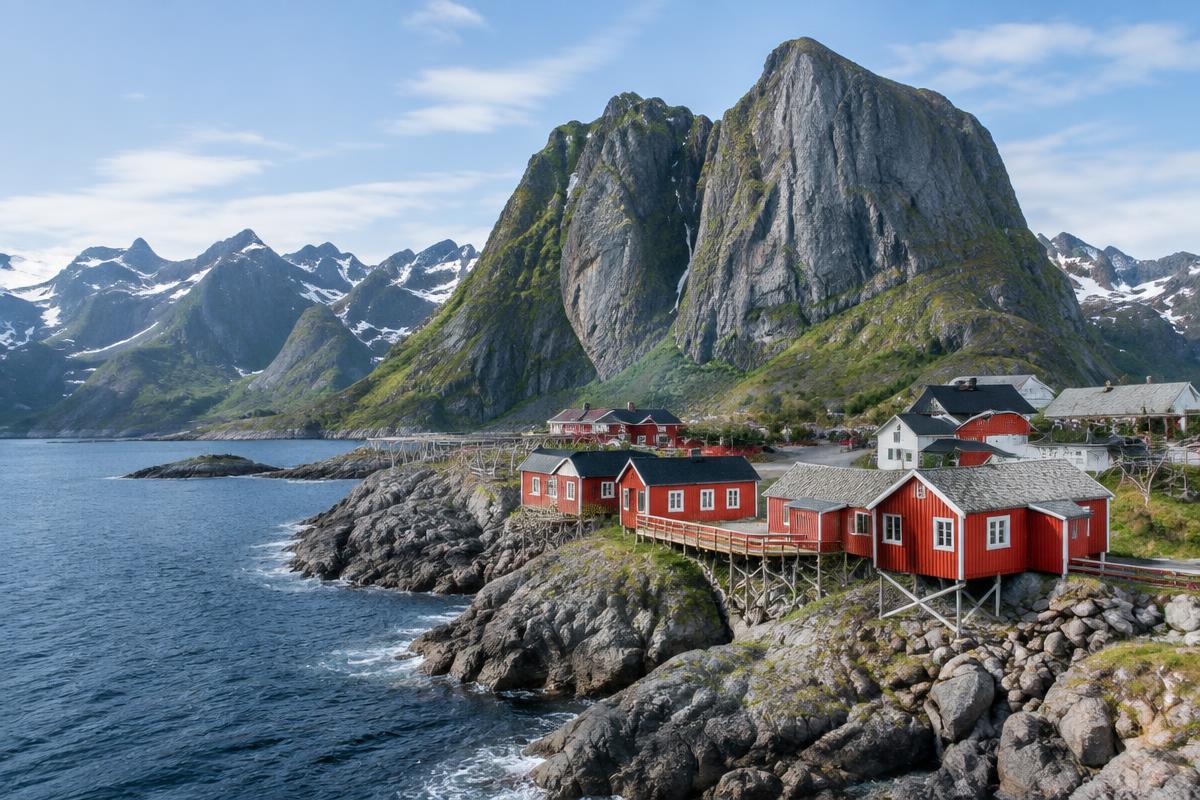 Fiskevær og bratte fjell i Lofoten